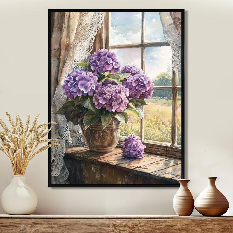 «Hydrangeas By The Farmhouse Window I - Hydrangea», art mural encadré, H 32 po x l 24 po, Reproduction avec cadre flottant