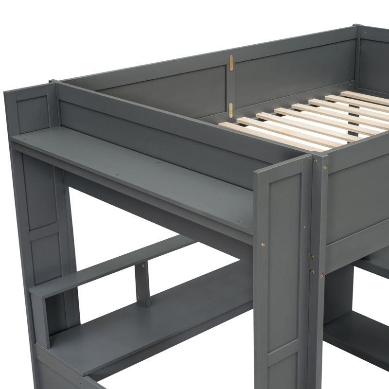 Lit mezzanine double en bois avec bureau et multi, éclairage à DEL, station de charge, rangement gris foncé, éclairage, prise de courant,