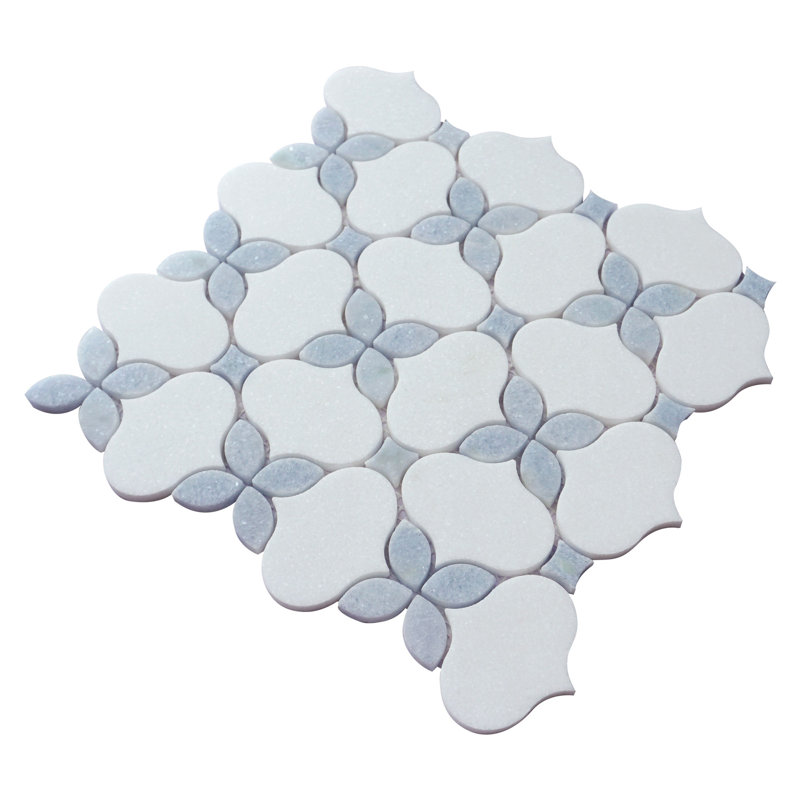 Clover Bloom 11.82 in. x 11.82 in. Floral Polished Marble Mosaic Tile, White/Blue