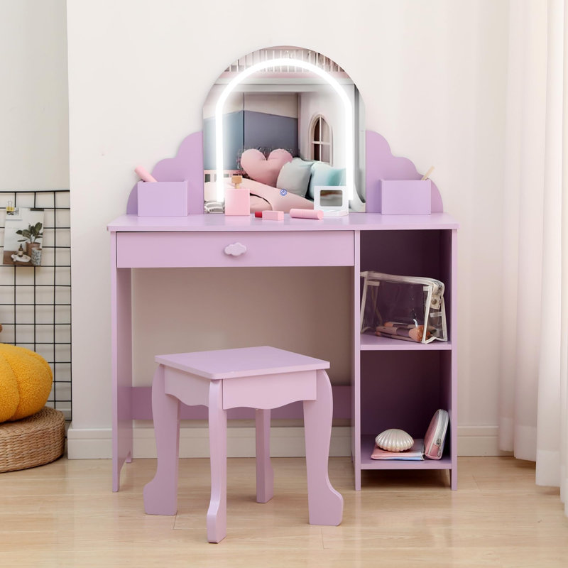Girls Vanity Set with Mirror & Stool, Kids Makeup Table for Ages 3-9, 3 LED Light Modes, Drawer & Shelves, Durable MDF