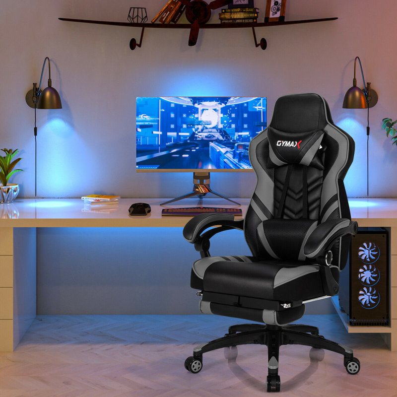 Gymax Adjustable Reclining Ergonomic Faux Leather Swiveling PC & Racing Game Chair with Footrest, Gray