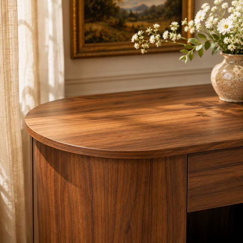 Bureau double moderne avec base demi-cylindre, bureau d'ordinateur et bureau avec tablette ouverte et 2 tiroirs, Noyer