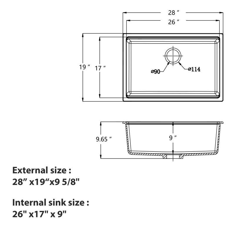 Évier de cuisine en quartz composite encastré 28 po x 19 po, Blanc