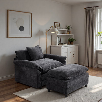 Simple, confortable et facile à nettoyer, fauteuil d'appoint moderne en tissu 44,5 po avec repose-pieds, fauteuil club en chenille, fauteuil de lecture pour la chambre à coucher