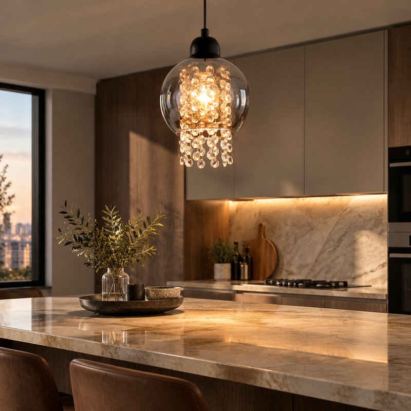 1-Light Smoked Glass Crystal Kitchen Island Pendant