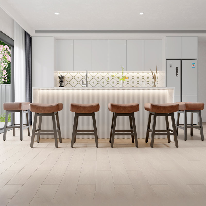 Counter Height Bar Stools Set Of 6 For Kitchen Counter Farmhouse Modern Barstools With Faux Leather Upholstered Backless Seat And Metal Legs 24 Inch Bar Chairs