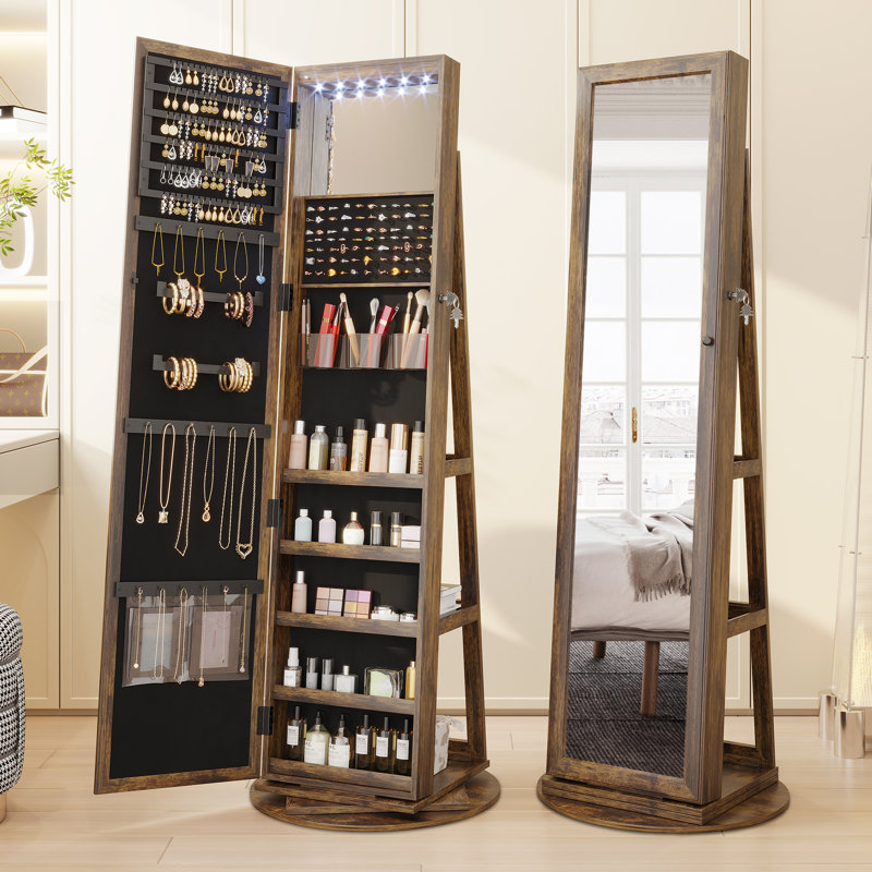 Chrisney Swivel Jewelry Armoire with Full Length Mirror, Interior Vanity Mirror and 3-Color Lights, Rustic Brown