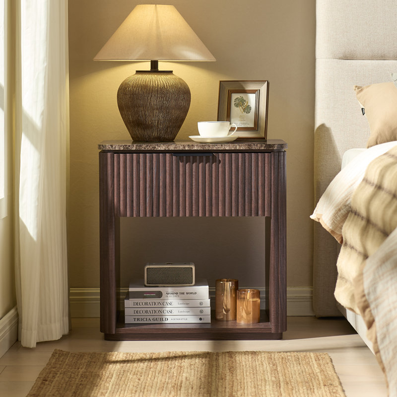 3-Sided Fluted Nightstand With Faux Marble Top & 2" Thick Panels, Round Corner Bedside Table End Table, Brown Oak, Individual