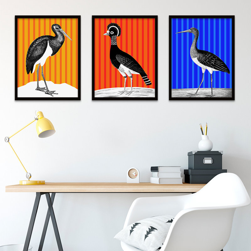 Tall Birds On Bright Stripes - 3 Piece Print Set