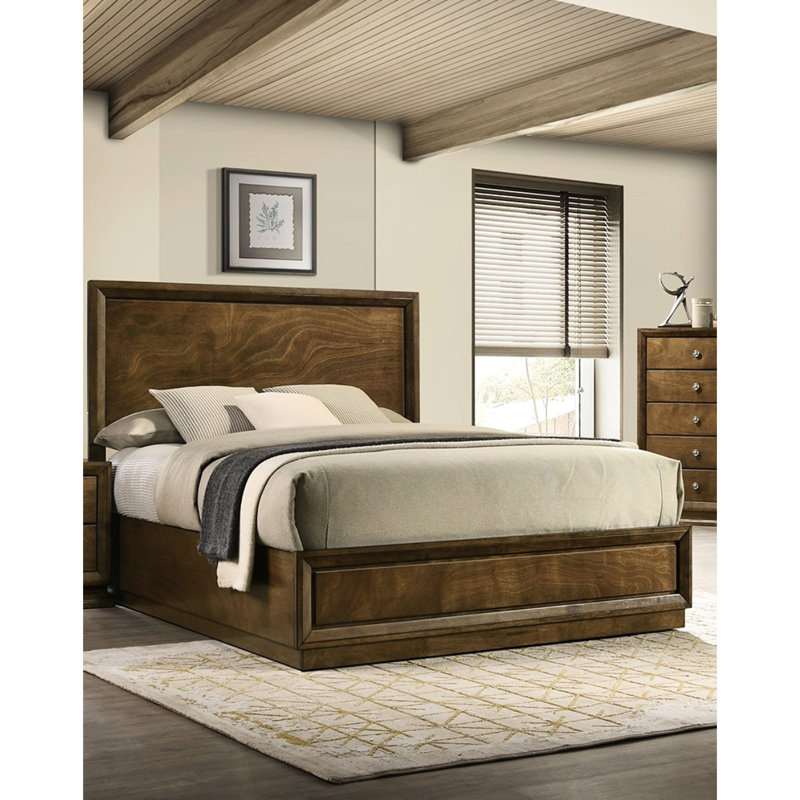 Cadre de lit grand en noyer de 1 pièce, grand lit à panneau de tête de lit en placage d'hévéa massif, décoration de chambre à coucher transitionnelle