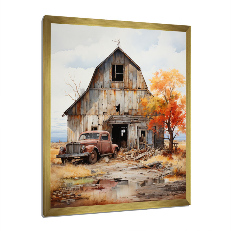 Aswini Barns Rustic Charm IX - Art mural de grange pour le salon, Cadre doré simple, H 44 po x l 34 po x P 1,5 po