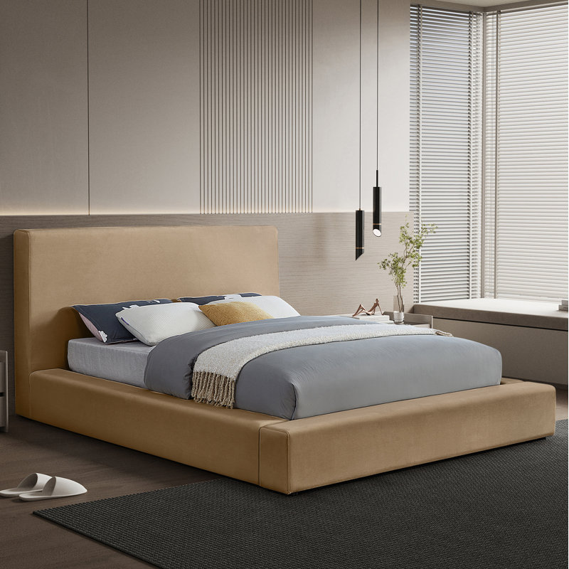 Ishia Upholstered Platform Bed, Full, Beige Velvet