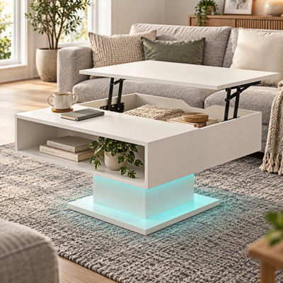 78cm White Square Lift-Top Coffee Table with Hidden Storage and LED Lights