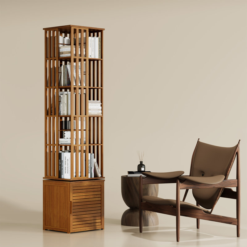 Rotating Bookcase With Storage Cabinet, Bamboo Bookshelf 360° Spinning 7 Tier Tall Narrow Display Tower Shelf, Walnut, Brown