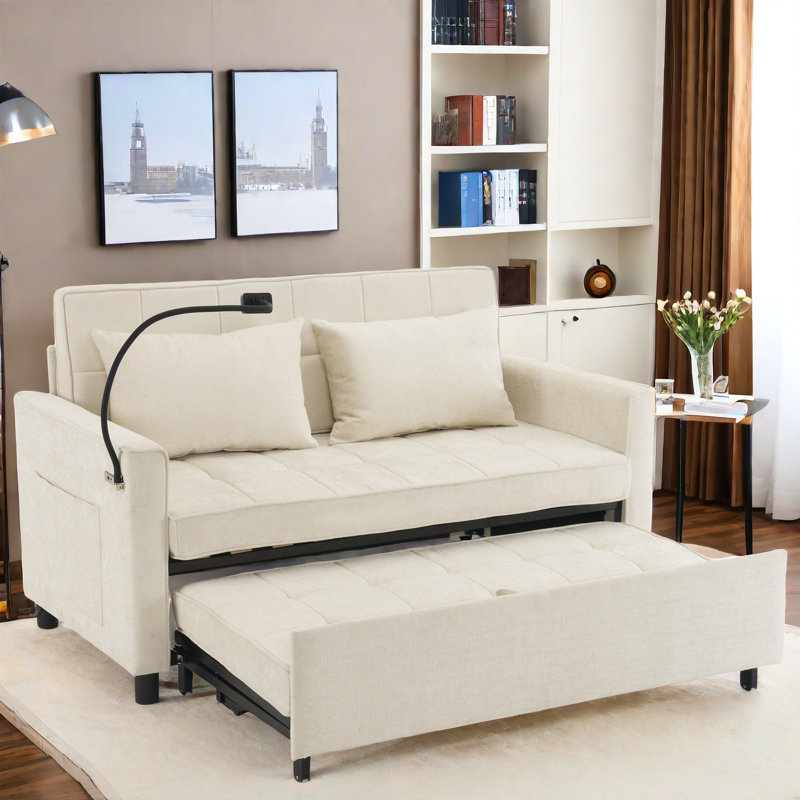 Canapé convertible Pastiche avec coussin de dossier réversible, poches latérales, ports USB, support pour téléphone et oreillers
