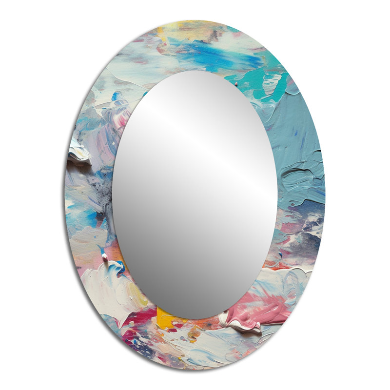 «Summer Memories» abstrait en blanc et bleu I - grand miroir mural ovale sur métal, 40 po x 30 po