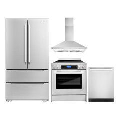 Cosmo 4 Piece Kitchen Appliance Package with 36 Freestanding GAS Range 36 Wall Mount Range Hood 24 Built-in Integrated Dishwasher & French Door