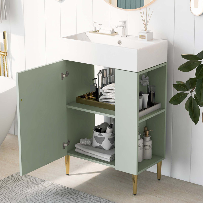 Meuble-lavabo 21,6 po, armoire combinée, meuble de rangement pour salle de bain, lavabo simple en céramique, rangement sur le côté droit