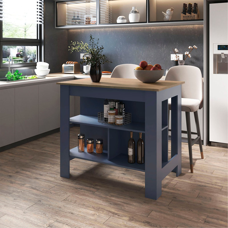Arlington Isla De Cocina, Diseño Moderno Con Estantes Abiertos, Almacenamiento Multifuncional En Kronos Fresno Y Kronos Azul