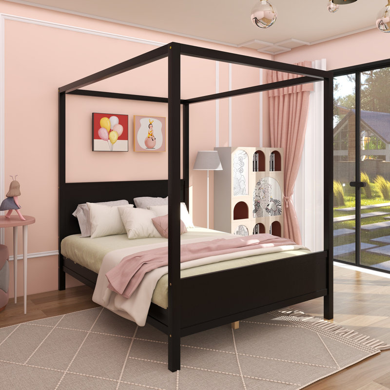 Queen Size Canopy Platform Bed with Headboard and Footboard,Slat Support Leg, Espresso