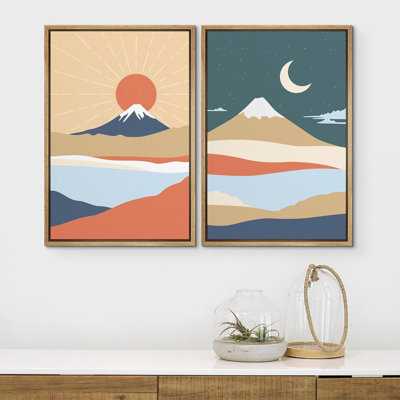 Sun And Moon " Desert Mountain Sun & Moon Abstract Landscapes Nature Shapes Modern Art Colorful " 2 - Pieces