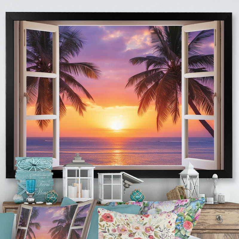 «Tropical Ocean Sunset Through Open White Window», reproduction sur toile côtière, H 12 po x l 20 po x P 1 po