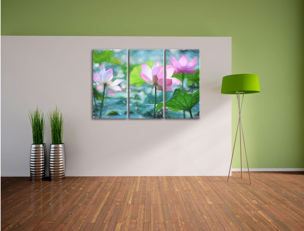 3-tlg. Leinwandbilder-Set „Asiatische rosa Lotusblüte im Teich“, Grafikdruck