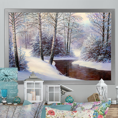 Forêt de Noël avec rivière II - art mural traditionnel sur toile