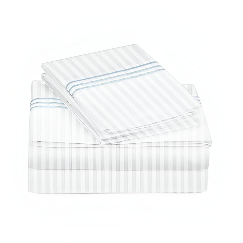 400TC Triple Embroidery Sateen Stripe Cotton 4 Piece Sheet Set Fitted Sheet Fits Upto 16" Deep Pocket, Light Blue Border