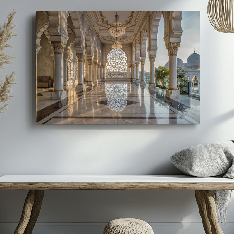 Toile, un grand couloir opulent avec des arches de marbre blanc complexe et des colonnes d'art mural illuminées par un superbe cristal, art mural sur toile