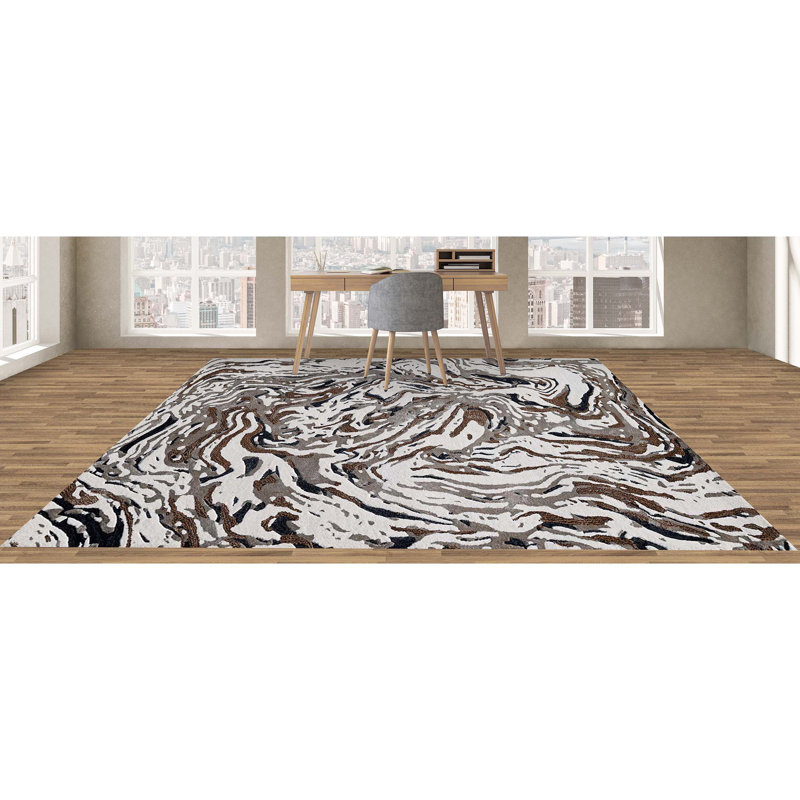 Tapis rectangulaire ivoire / gris en laine / viscose à motif abstrait rectangulaire, Rectangle de 5 pi x 8 pi