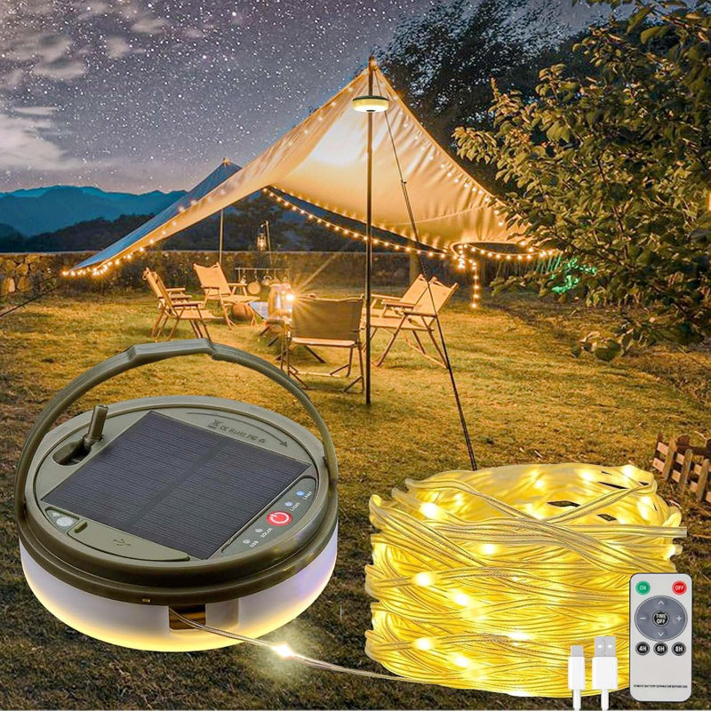 Guirlande solaire de camping, guirlande de fées 4 en 1, lampe de camp imperméable portative avec 8 modes d'éclairage, lanterne de tente suspendue et rechargeable pour les décorations de Noël - 39,4 pi