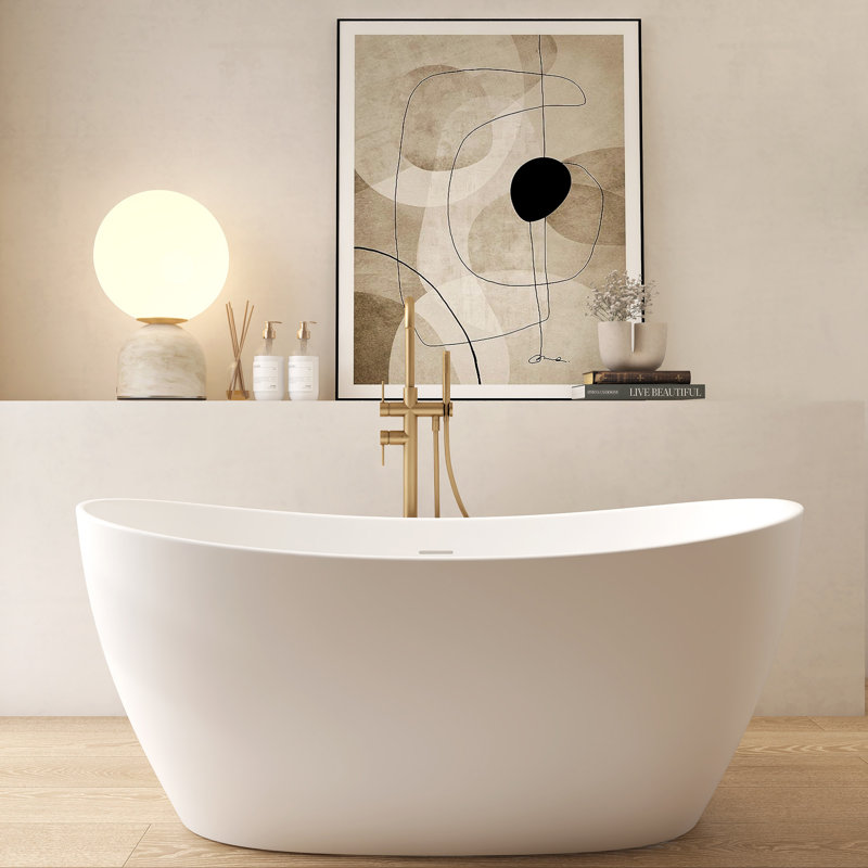 Baignoire autoportante en pierre de résine 55 po, baignoire moderne à surface solide blanc mat
