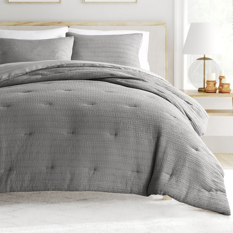 Waffle Textured 3-PC Comforter Set All Season Down-Alternative Ultra Soft Bedding, King / Cal-King, Gray