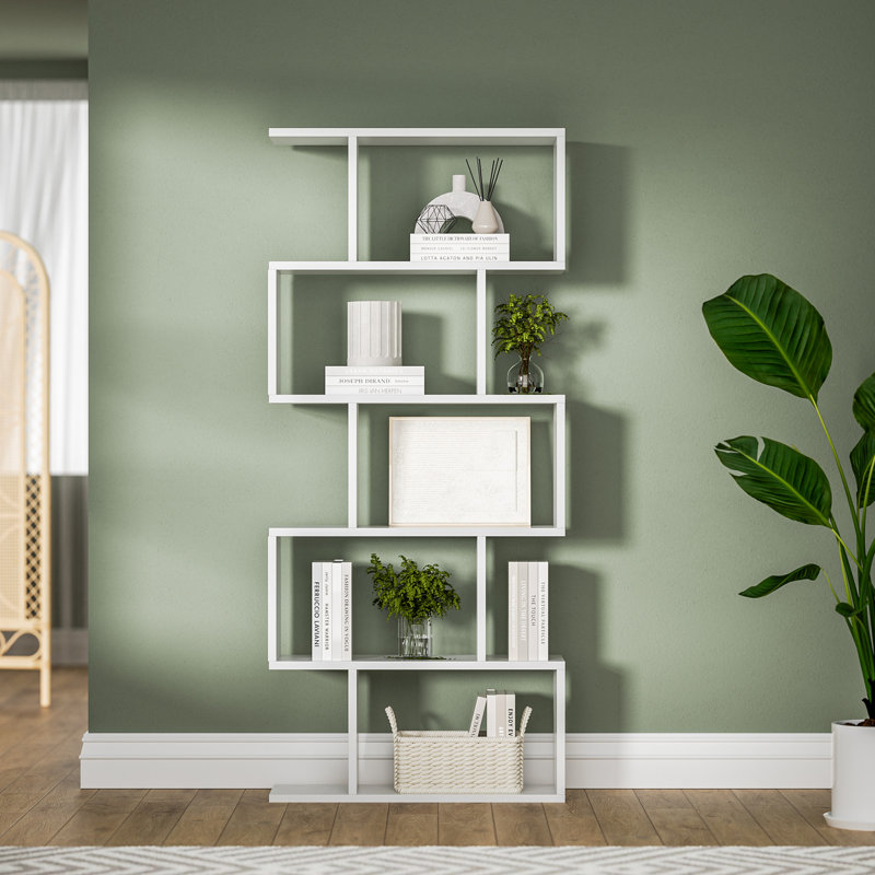 White 5-Tier S-Shaped Geometric Bookcase with Manufactured Wood