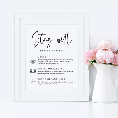 Enseigne de table à imprimé noir et blanc formal « stay well, Health and Safety »