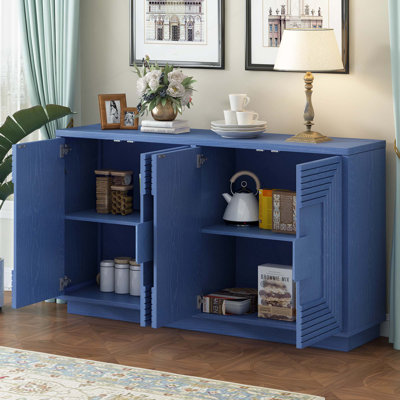 Buffet rétro vieilli à 4 portes avec tablettes réglables et motif géométrique pour la salle à manger, la cuisine et le salon