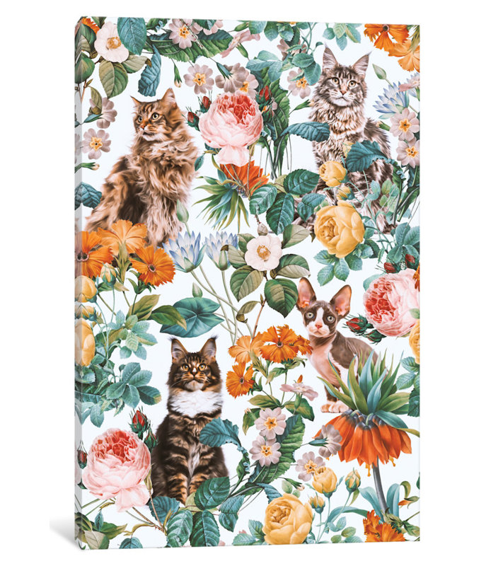 «Floral and Cats Pattern II», impression sur toile, H 60 po x l 40po x P 1,5 po