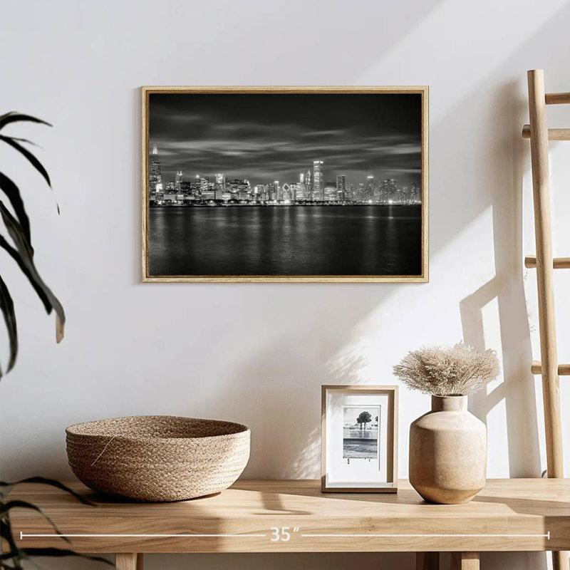 Chicago City - monochrome, 19 po x 13 po, Cadre flottant en bois naturel