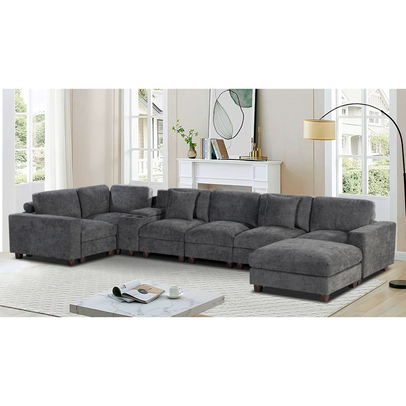 Norfleet 139" L-Shape Modular Chenille Sectional Sofa With Ottoman And Console, 36" H x 139" W x 101" D, Dark Gray 