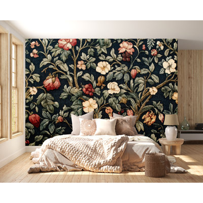 Murale tapisserie florale rétro vintage - papier peint botanique Moody, mur décoratif élégant pour chambre à coucher ou salon Vn842 (Peel-N-Stick) VN842