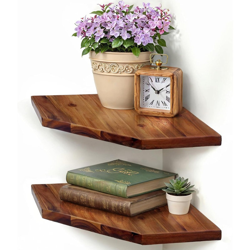 Corner Shelf Wall Mount, Set Of 2 Solid Acacia Wood 11.8 ..., Brown