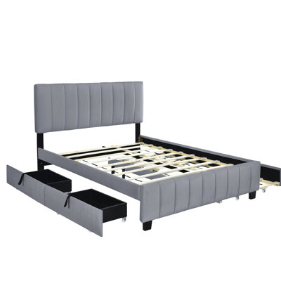 Gray Queen Size Platform Bed With Drawers And Twin Xl Trundle. Velvet Upholstered. Construction. No Box Spring. Extra Sleeping Area Upholstery. 2 Strong Build. Maximize Bedroom Potential