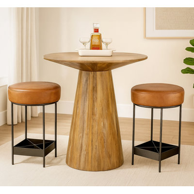 Gluck 36" Counter Table Set With 2 Emmett Counter Stools In Tan Authentic Leather
