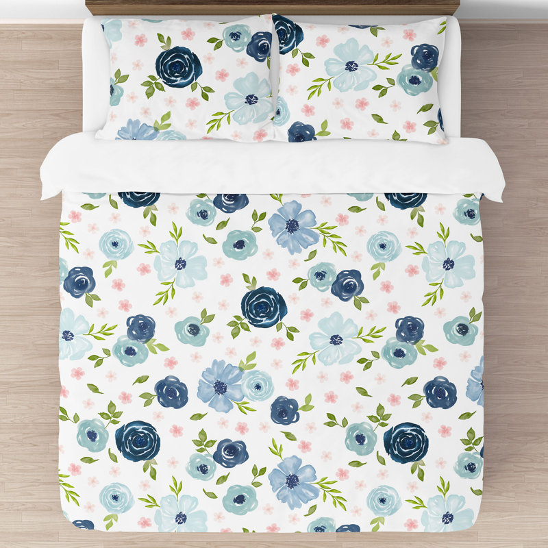 Full Blue Microfiber Floral Comforter Set for Girls