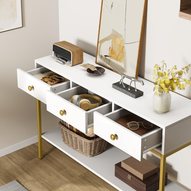 Console avec 3 tiroirs, table de vestibule, table de canapé étroite pour le couloir, salon, vestibule, bureau, couloir, Blanc