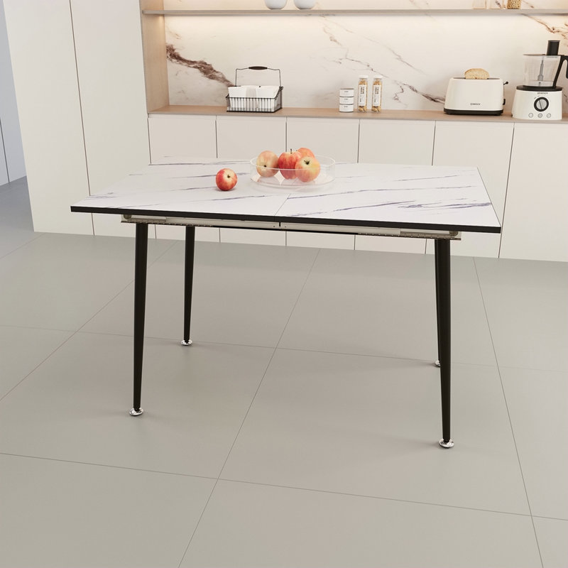 47" Expandable To 63" Inch MDF Square Marble Patterned Dining Table, Modern Industrial Kitchen And Dining Table, Equipped With Tapered Metal Legs