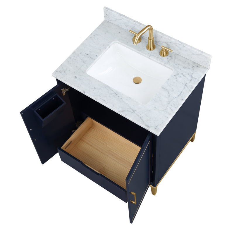 Ensemble de meuble-lavabo simple 30 po Gracie, Marbre de Carrare, Bleu pacifique, Laiton satiné