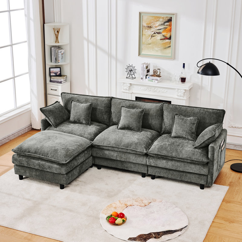 Canapé à trois places avec repose-pieds mobile pour les salons, les chambres et les appartements, Gris