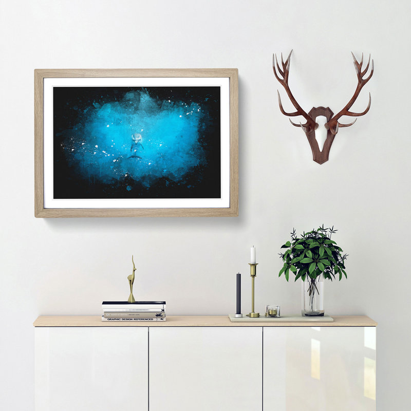 Lone Dolphin Paint Splash - Picture Frame Graphic Art, Oak Framed, 45cm H x 63cm W x 2cm D